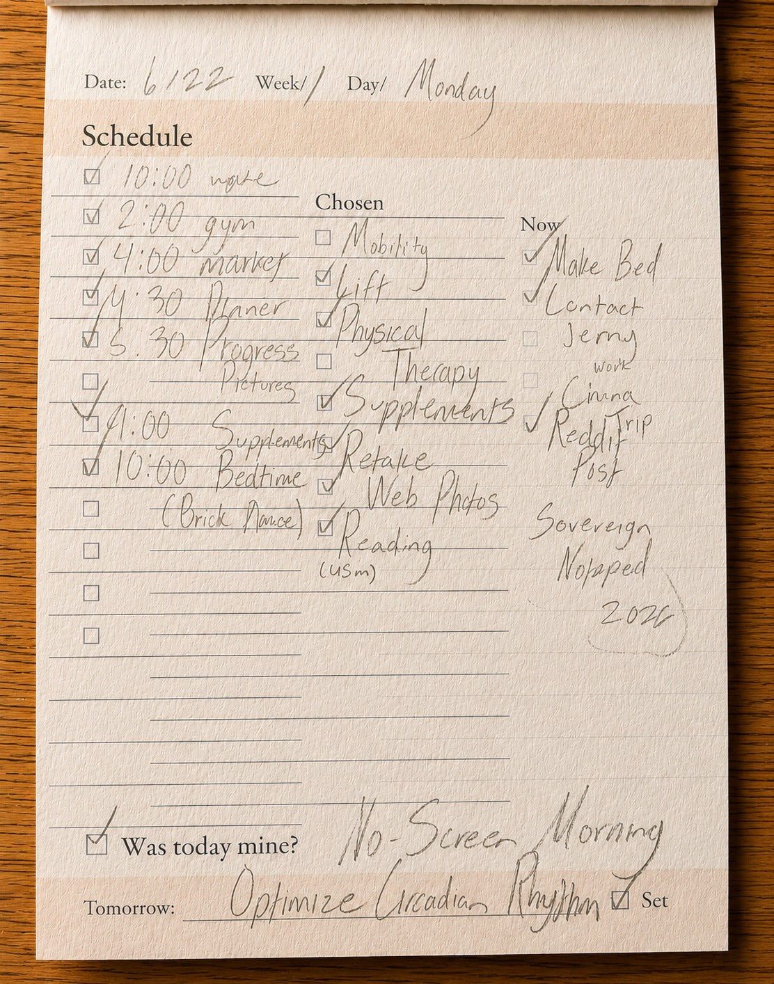 A filled-in Sovereign Notepad daily page