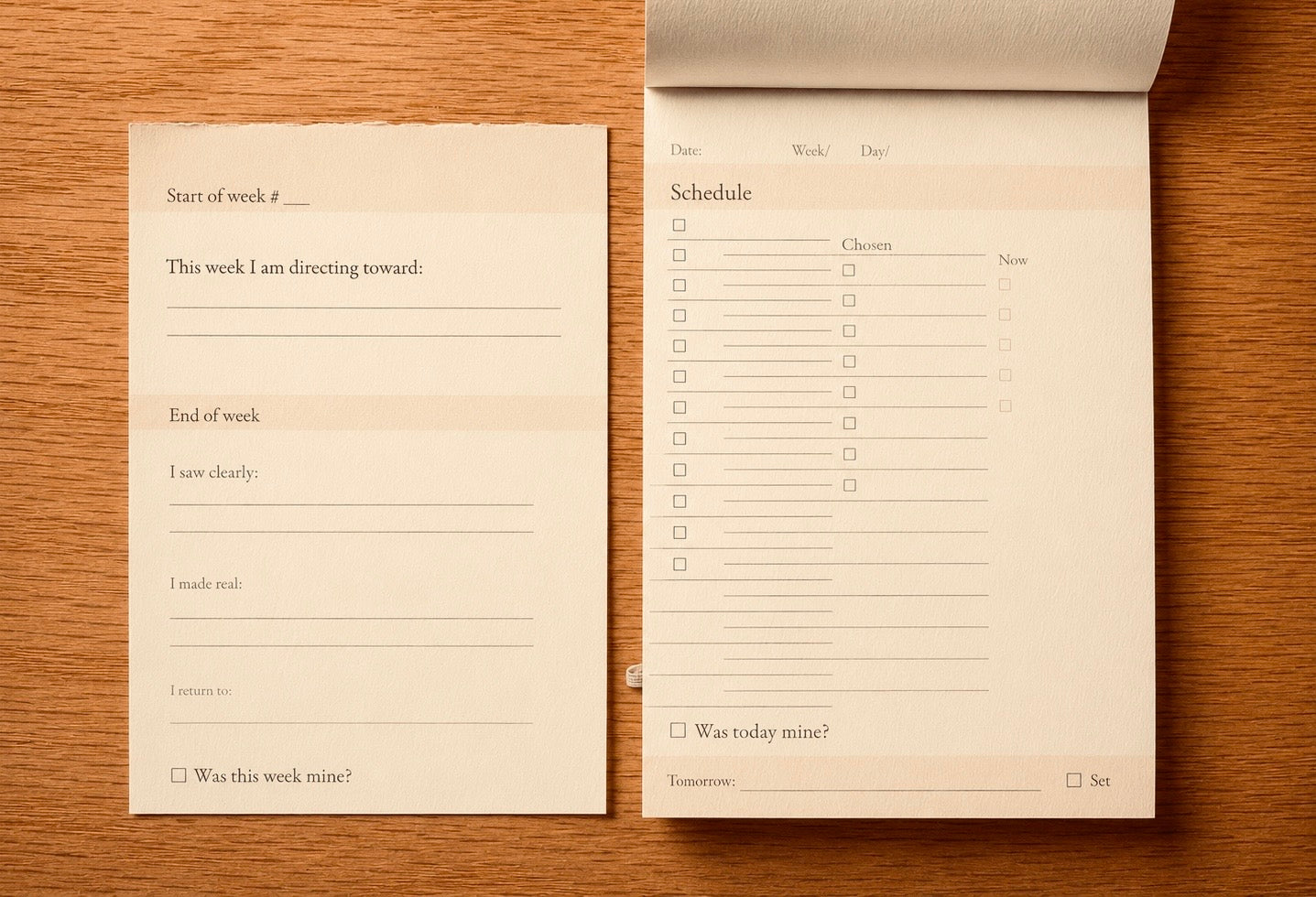 The Sovereign Notepad weekly spread — weekly direction on the left, daily schedule on the right