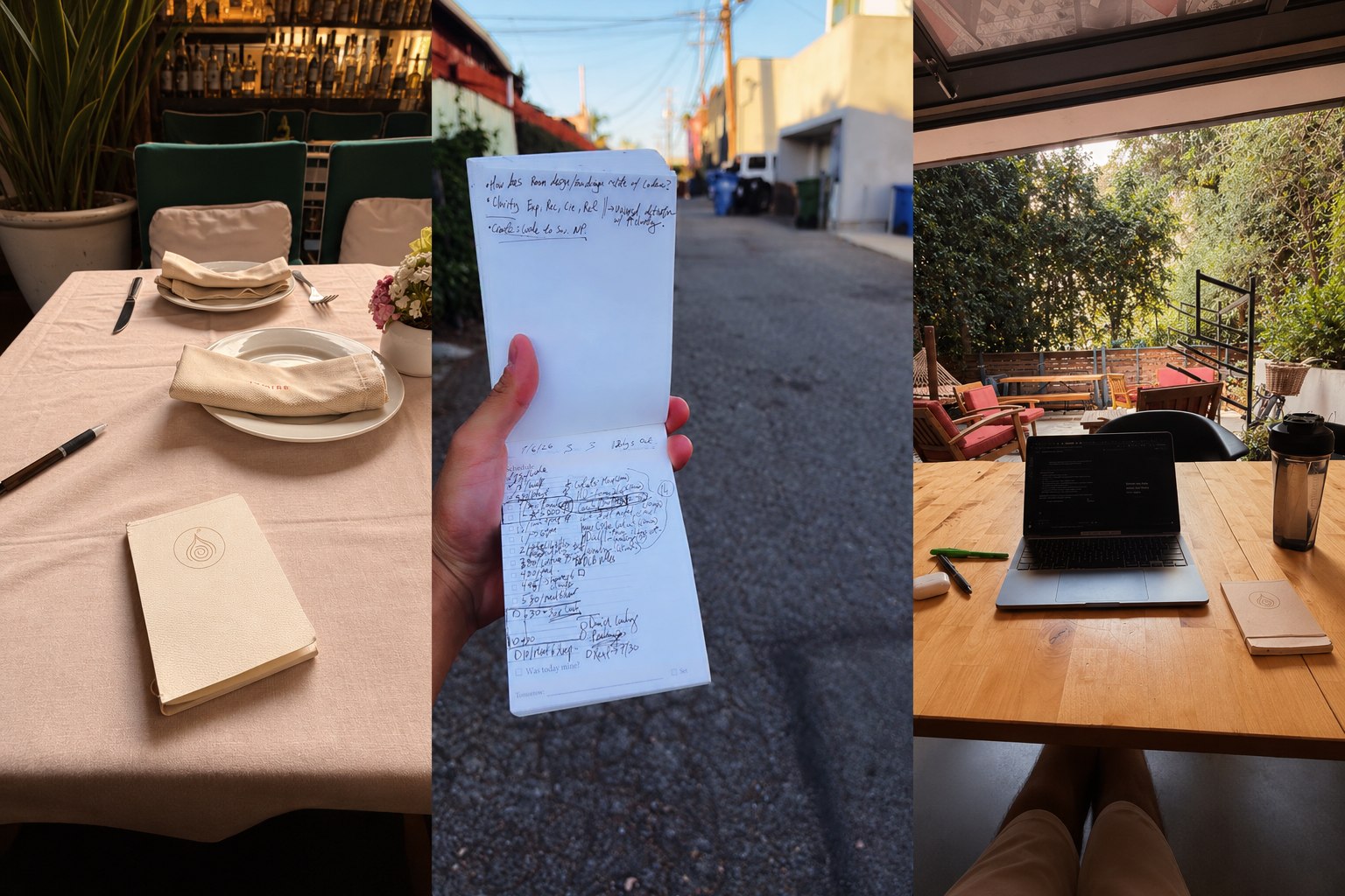 The Sovereign Notepad carried through a day: resting on a restaurant table, held open on the street, and beside a laptop at a work table